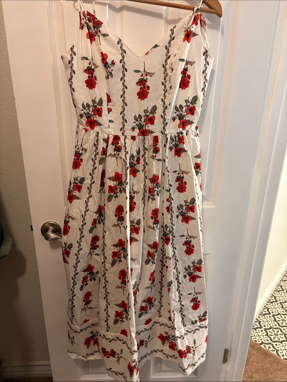 H&M White Midi Dress with Red Floral Print